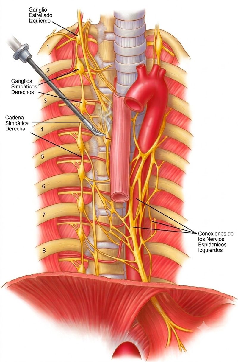 Diagrama de la cadena simpática torácica y ganglios — anatomía de la simpatectomía